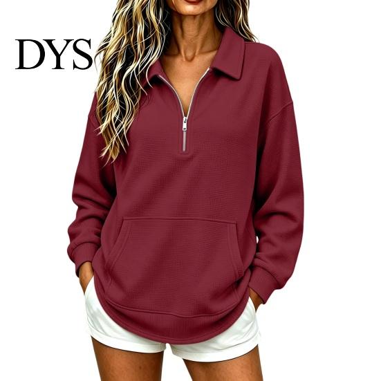 Casual Waffle Sweatshirt Women Half-zip Sweatshirt, Long Sleeve Pullover Top with Kangaroo Comfortable Pockets Pocket, Loose Fit Lapel for Fall Winter