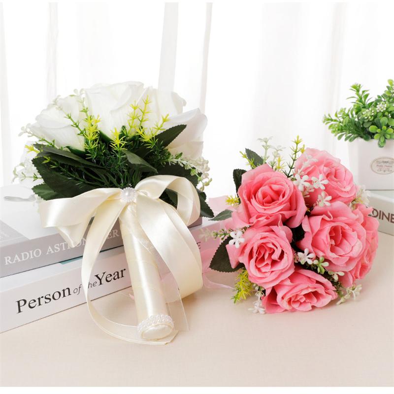 1pc Holding Flowers Artificial Natural Rose Wedding Bouquet With Silk Satin Ribbon Bridesmaid Bridal Party Wedding Accessories