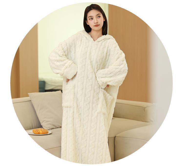 Damen Kapuzen-Zopfstrick-Pyjama-Set - Einfarbig, Dickes Korallenfleece, Plus Samt, Niedlicher langer Bademantel, Perfekt für Herbst und Winter