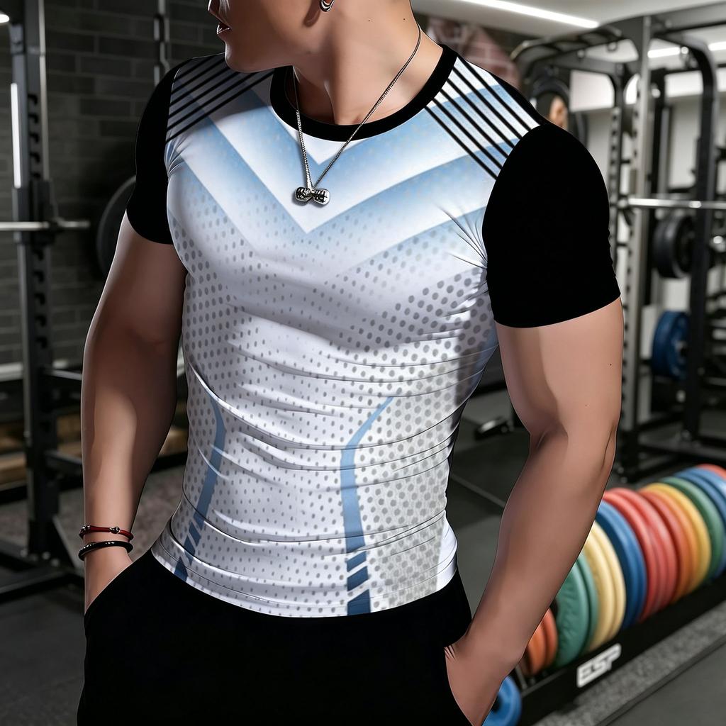 Men's Sublimated Compression T-Shirt, Black Sleeve White Chevron Dot Mesh Geometric Line All Over Print Stretch Quick Dry Soft B