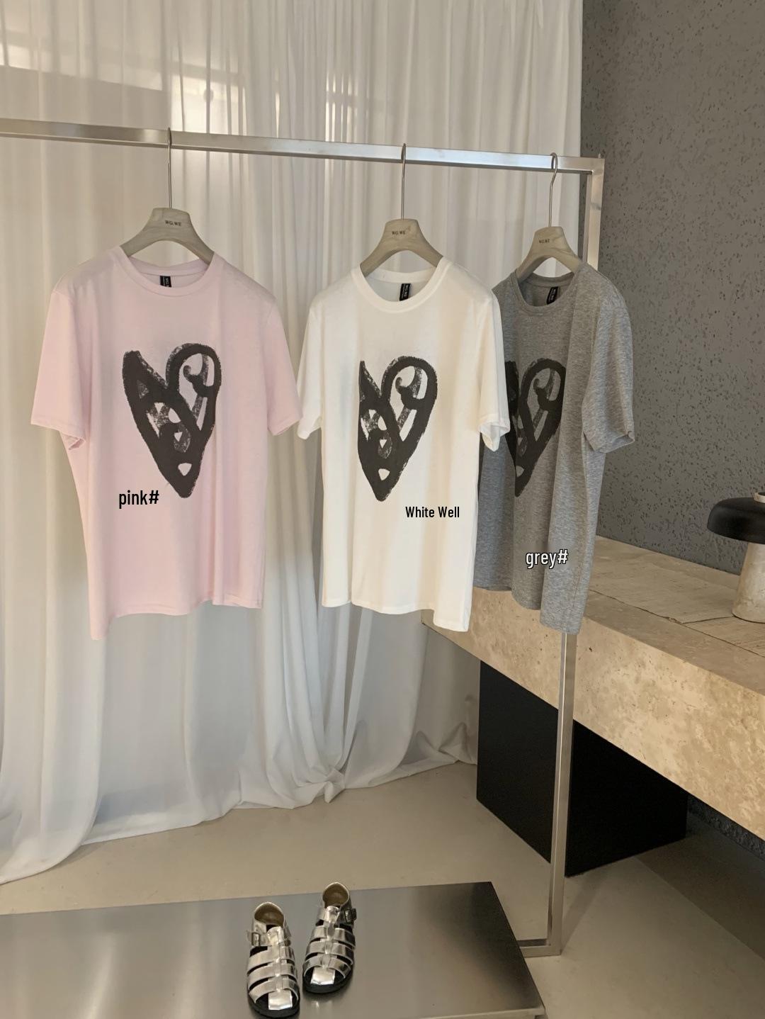 

Женская футболка средней длины свободного кроя с принтом - Весна/Лето Корейский стиль Короткий рукав One Size серый