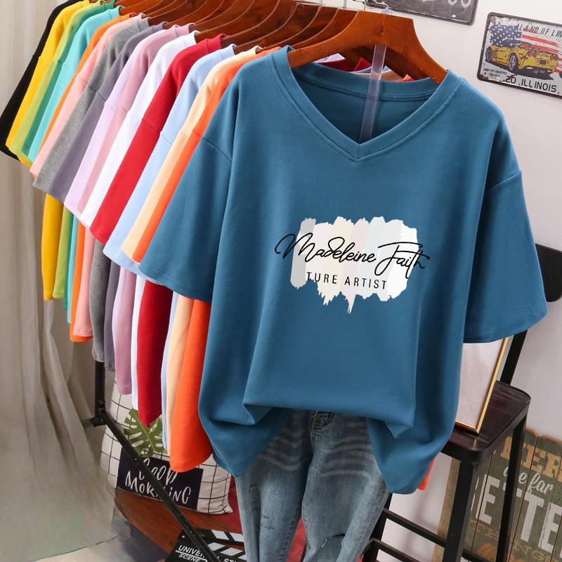 Tricou cu mânecă scurtă, Croială largă, Top subțiere cu gât în V imprimat pentru femei