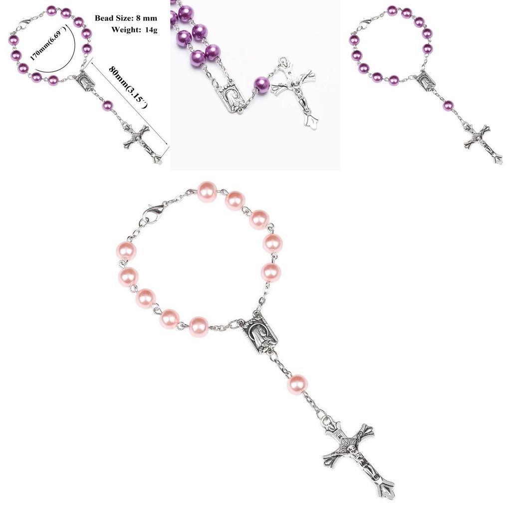 Purple Glass Pearl Rosary Bracelet With Cross Pendant Religious Jewelry