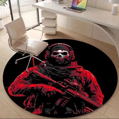 1pc Skull Soldier Office Round Area Rug, Mat Suitable ForOffice, Under Office Chairs Bedroom Living Room Home Decor, Room Deco