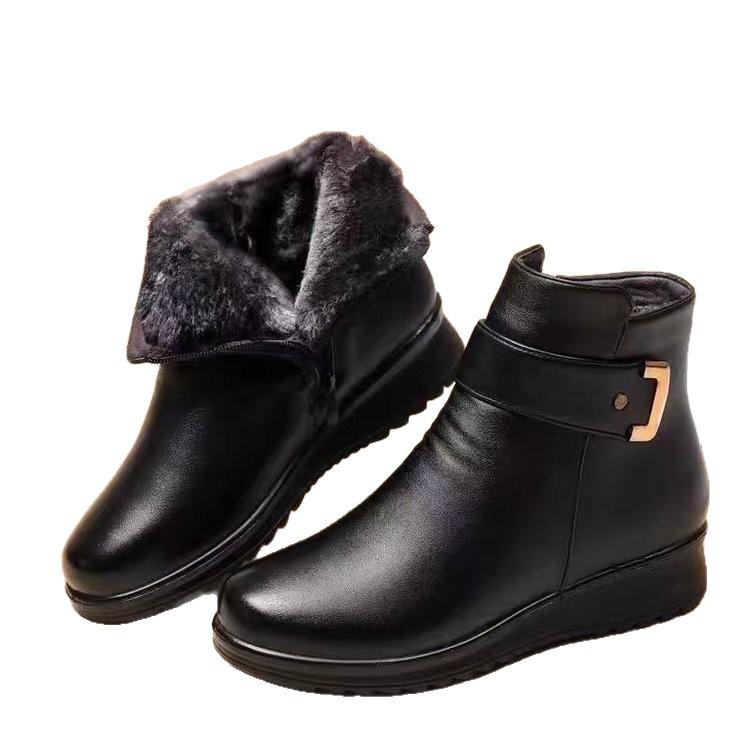 Mom Shoes Cotton Shoes Women's Autumn and Winter Middle-aged Soft Leather Soft-soled Short Boots Flat Leather Shoes Velvet Warm Middle-aged and Eld
