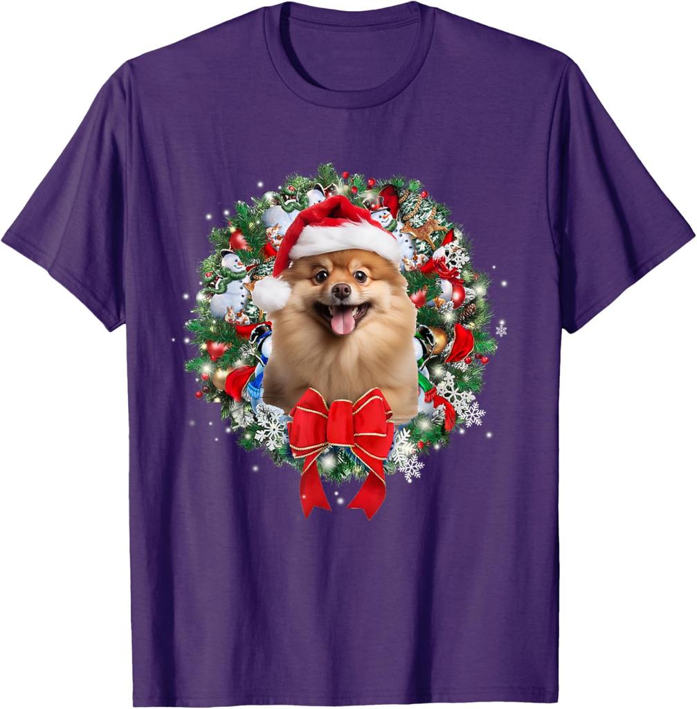 Pomeranian Christmas Wreath Graphic Tee Cute Dog Lover Casual Short Sleeve T-Shirt