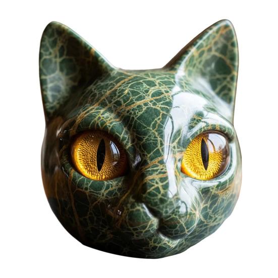 

Cat Stone Sculpture Cat Head Figurine with Amber Eyes Smooth зелёный