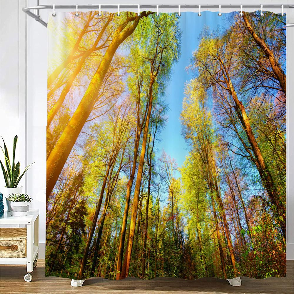 

3D Printing Green Forest Waterfall Shower Curtains Waterproof Bathroom Curtain With Hooks Bath Curtain 180*200 Polyester Fabric W60H190(CM)-1 Pcs