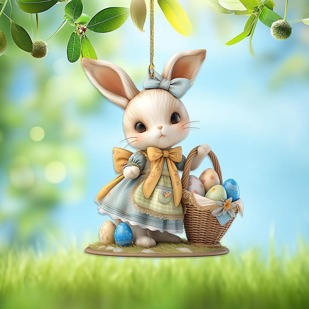 Rabbit Easter Little Holding Eggs Car Pendant With Acrylic Flat Surface Decor