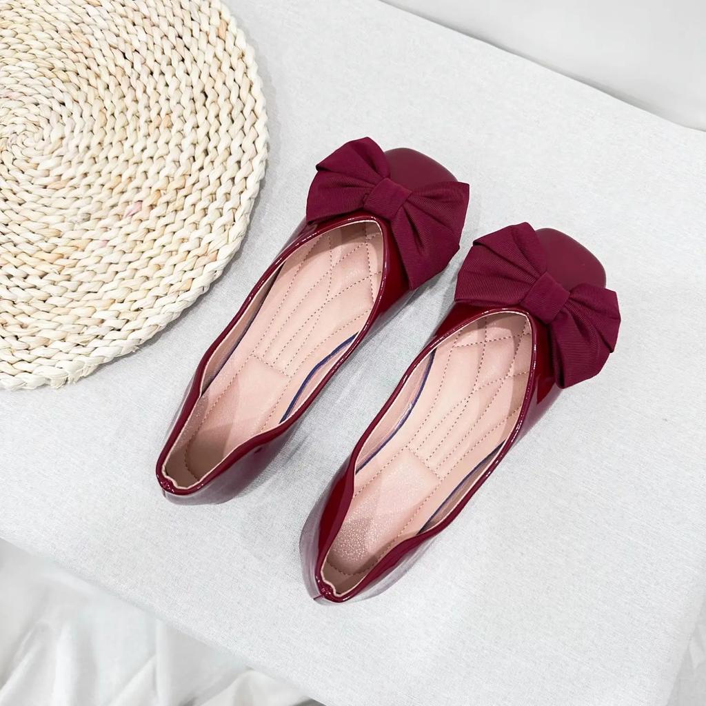 Square Toe With Bow Shoes for Women Slip-on Bride High Quality Fashion Sale Spring Genuine Mark Casual 2025 Trend 39 Woman Flats