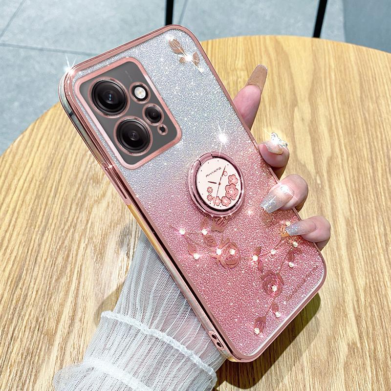 

KADEM For Xiaomi Redmi Note 12 4G Kickstand Case Glitter Gradient Rhinestone Flower Phone Cover TPU Electroplating Case Rose Gold