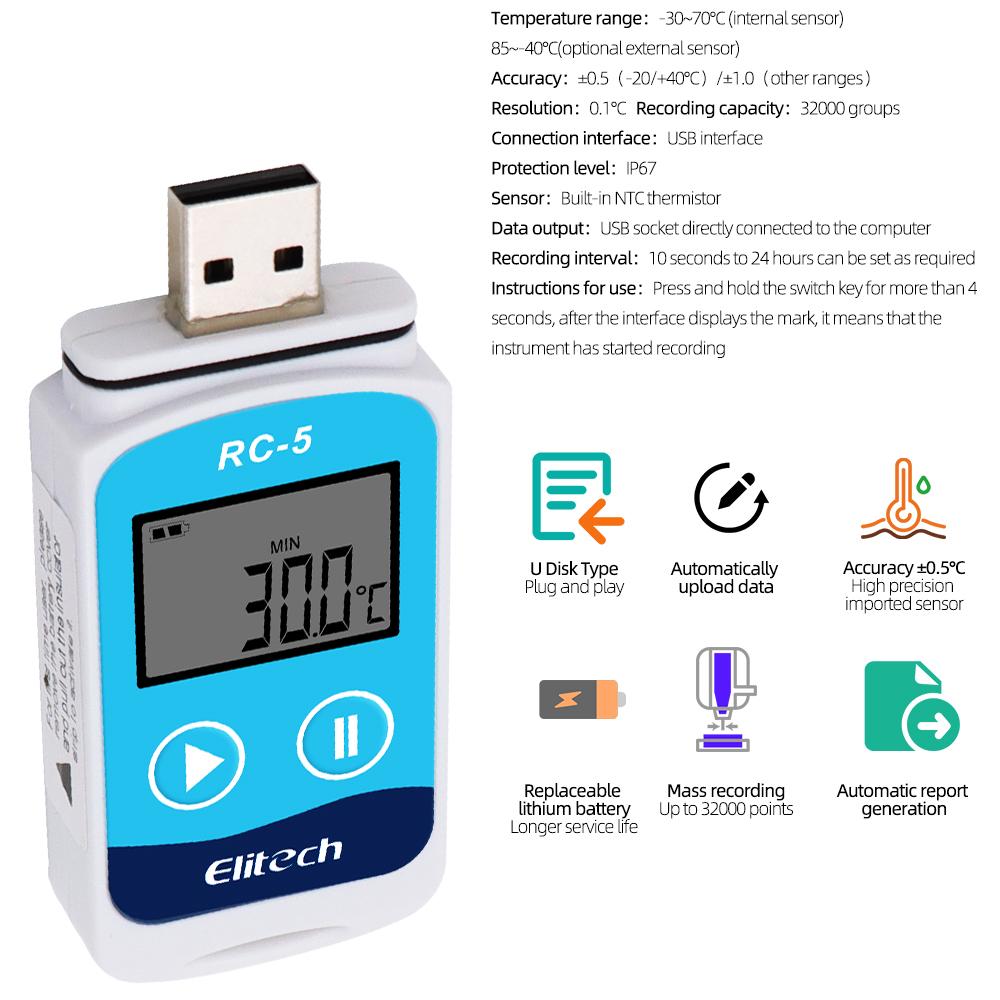 RC-5+ PDF Temperatur-Datenlogger RC-5 USB-Datenlogger Datalogger Recorder Upgrade für Kühlung Kaltketten-Transport Labore