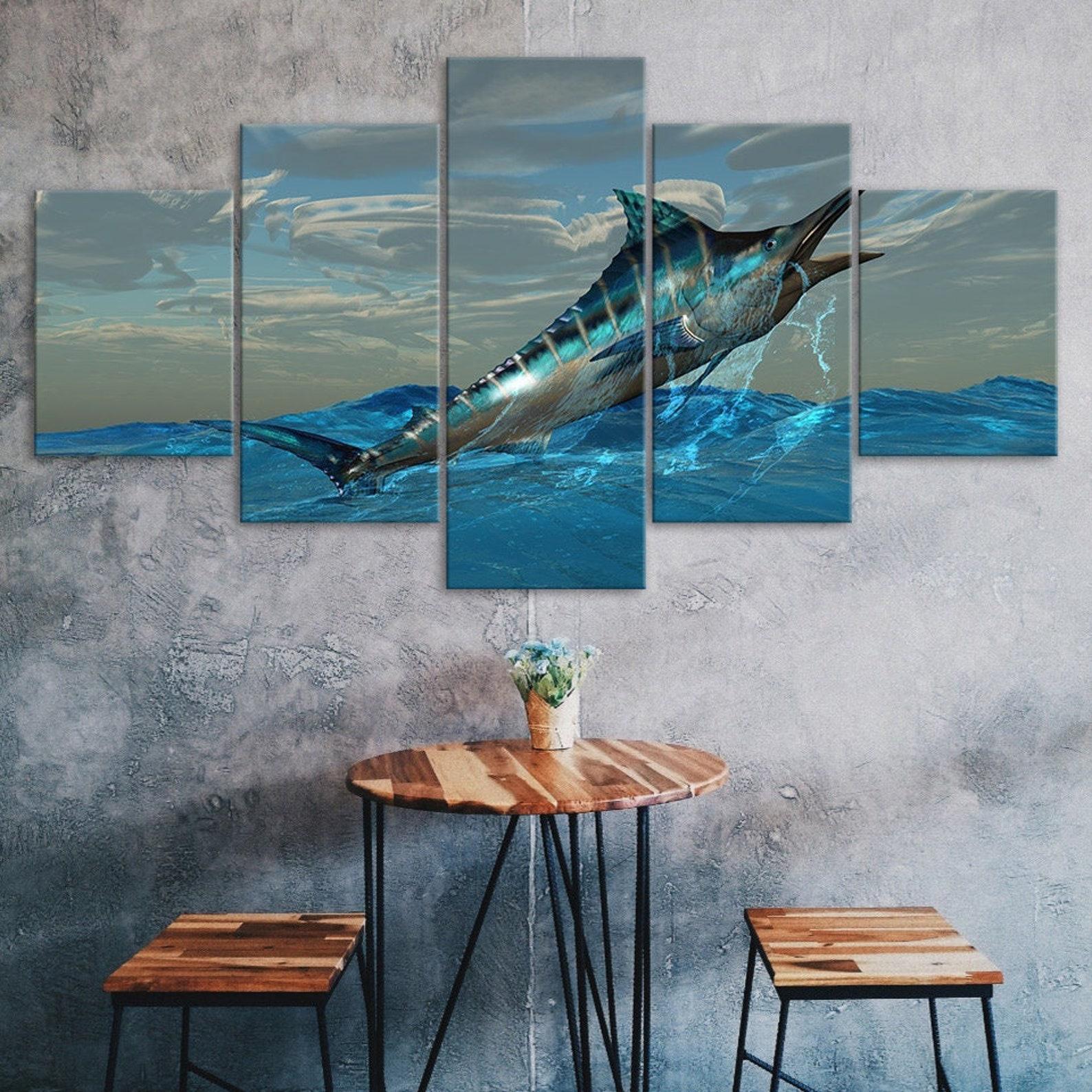

Atlantic Sailfish Blue Marlin Fish Jumping Sea 5 Piece Five Panel Wall Canvas Print Modern Art Poster Picture Home Decor Gift For Him Her 20X35 20X45 20X55CM