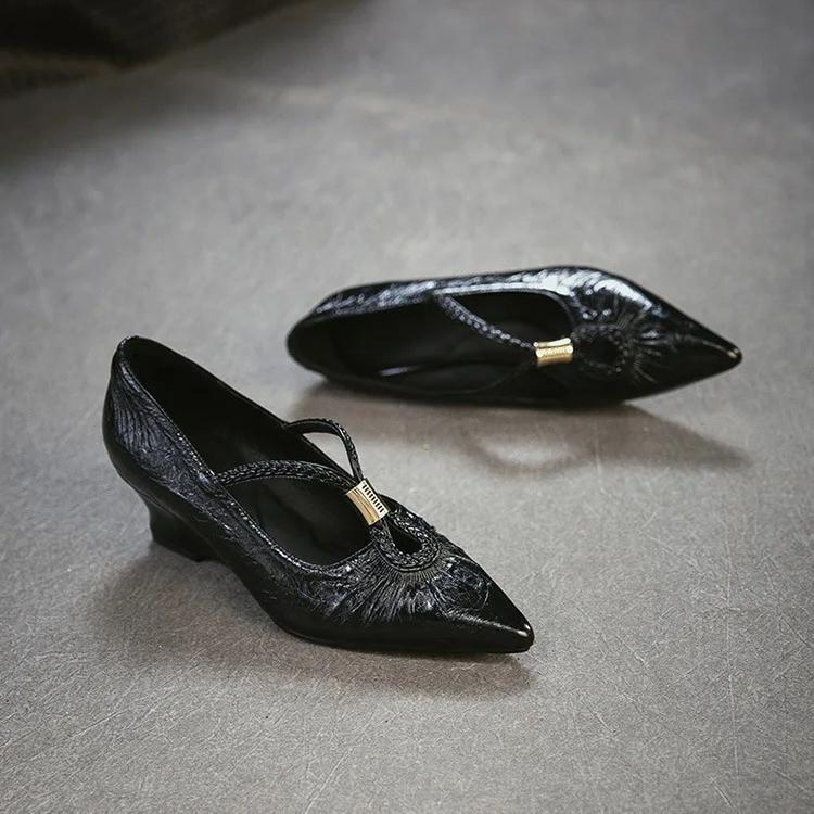 Johnature Retro Pointed Toe High Heels Versatile Genuine Leather And Comfortable Coarse Heels Women's Shoes