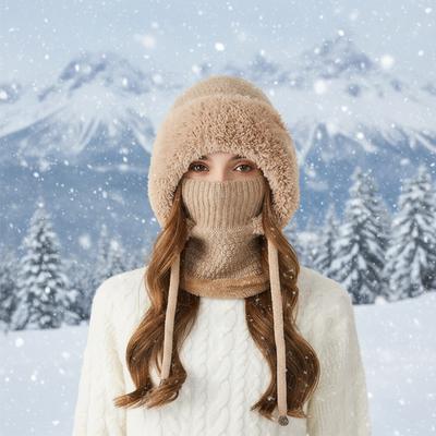 Women Fleece Lined Knit Hat Set with Scarf and Mask Women 3 In 1 Windproof Beanie Hat Hooded Skull Cap Cold Weather Protection