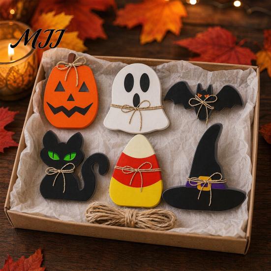 Halloween Ornaments 6Pcs Tiered Tray Decor, Ghost Black Cat Mummy Figurines, Pumpkin Witch Classic Shapes Set Hat Bat Wooden for Shelf Table,
