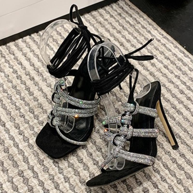 Fashion Luxury Rhinestone Hollow Slide Sandals Women Summer Cross Tied Thin High Heel Roman Sandals Sexy Banquet 42 Plus Size Dress Shoe