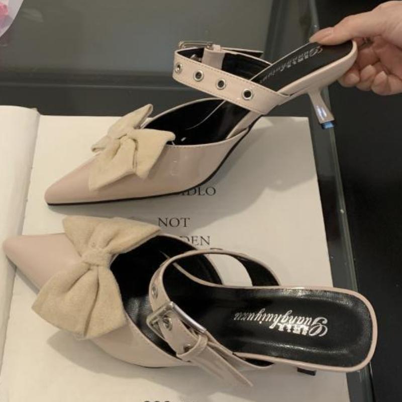 

2025 Новая Мода Бант Тонкий Высокий Каблук Сексуальная Металлическая Пряжка Острый Носок Элегантное Платье Женские Шлепанцы Босоножки на Высоком Каблуке 39 абрикосовый