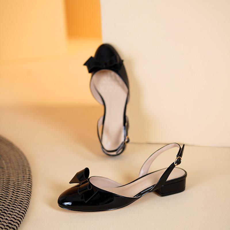 

After empty bag head sandals female 2025 new flat-bottomed fairy wind bow thick heel French sandals one-word strap single shoes 34 чёрный