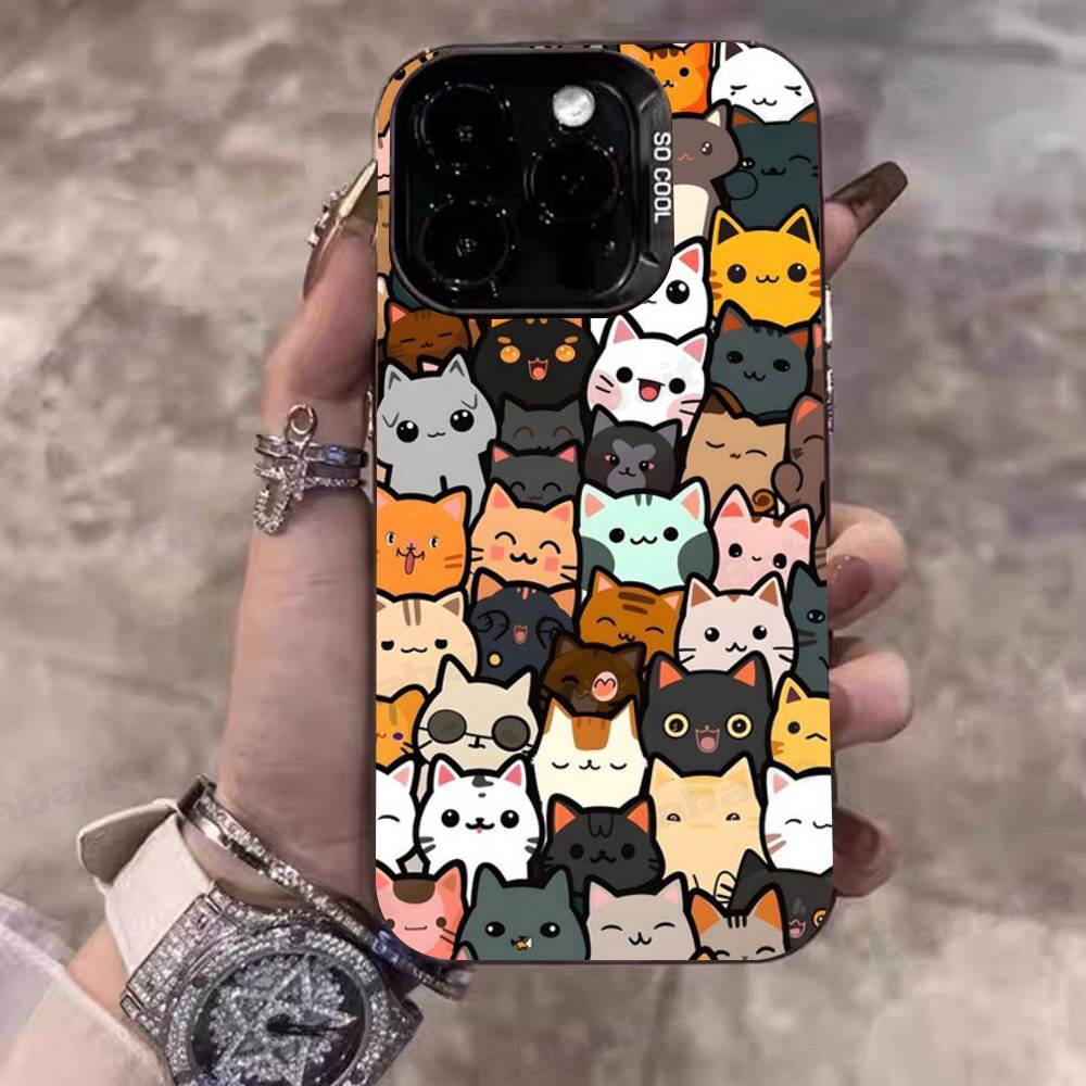 Cartoon Cute Cats Background Phone Case For IPhone 17 16 15 14 11 12 13 Pro Max Pro Plus Colored Silver Cover