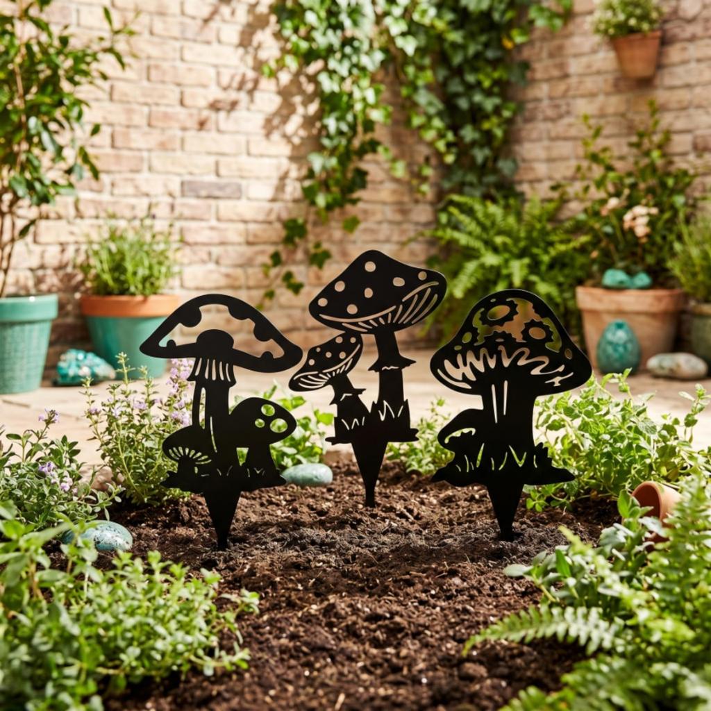 Mushrooms Ground Insert Black Metal Silhouette Sign Flat Garden Stakes for Gardeners,