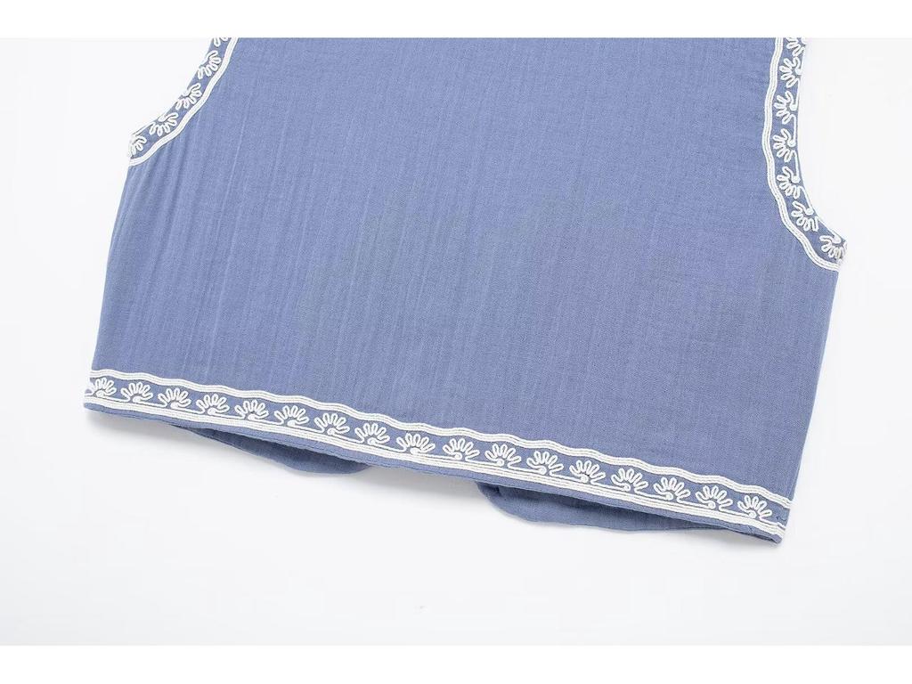 2024 Vintage květinová výšivka Barevný blok Vesta – Jarní bezrukávový top s otevřeným předním dílem