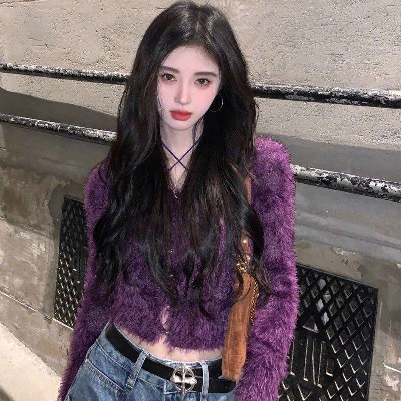 

Фиолетовый свитер из искусственной норки Вязаный кардиган