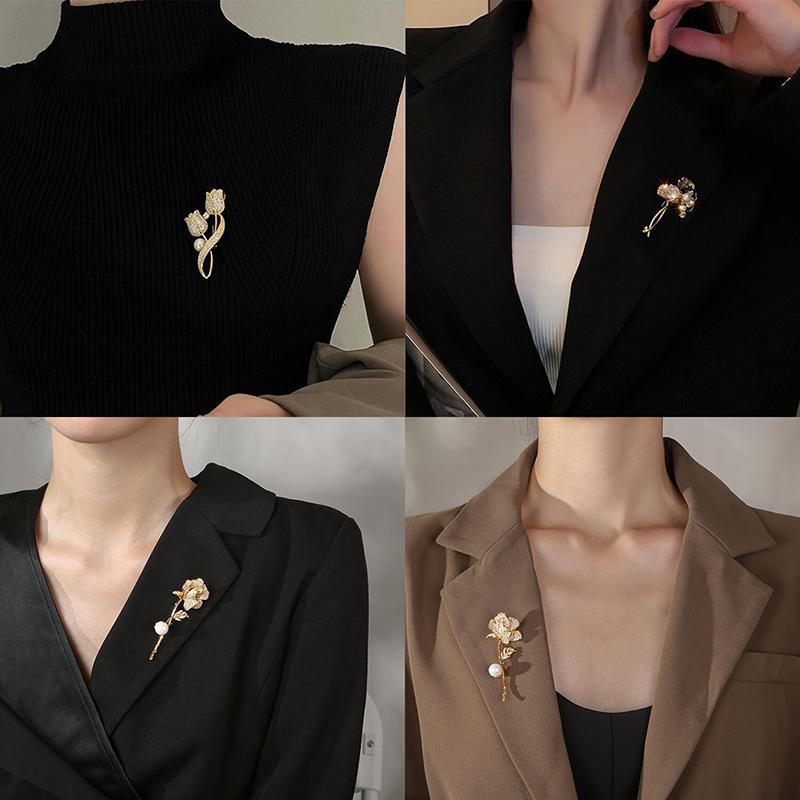 Imitation Pearl Tulip Flower Brooches For Women Elegant Rhinestone Floral Bouquet Lapel Pins Wedding Party Badge Jewelry Gifts