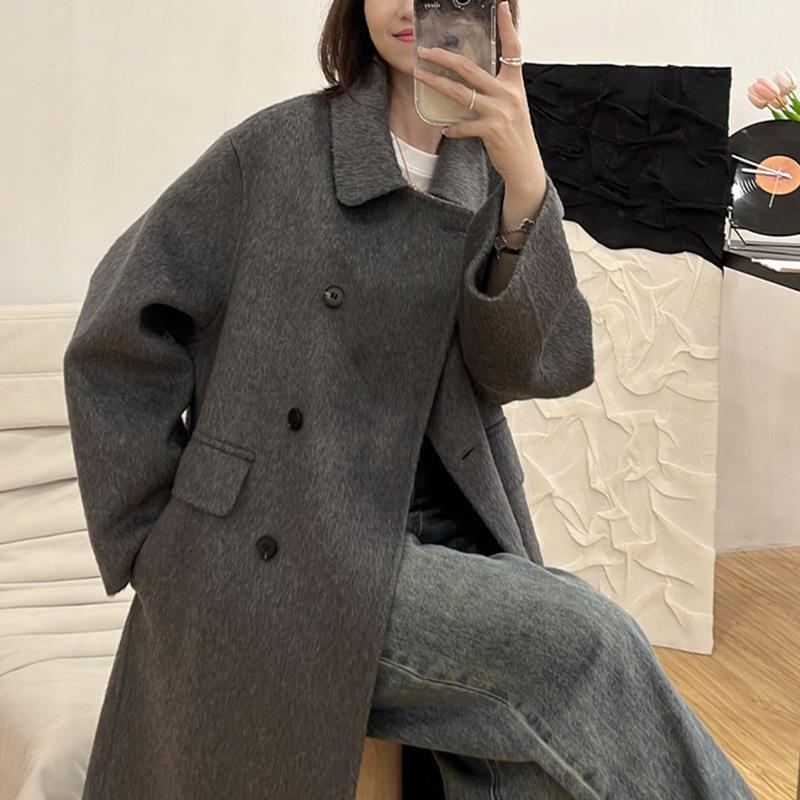 

Двустороннее шерстяное пальто двубортное осенне-зимнее свободное корейская версия шерстяное средней длины с темпераментом маленькое шерстяное пальто S