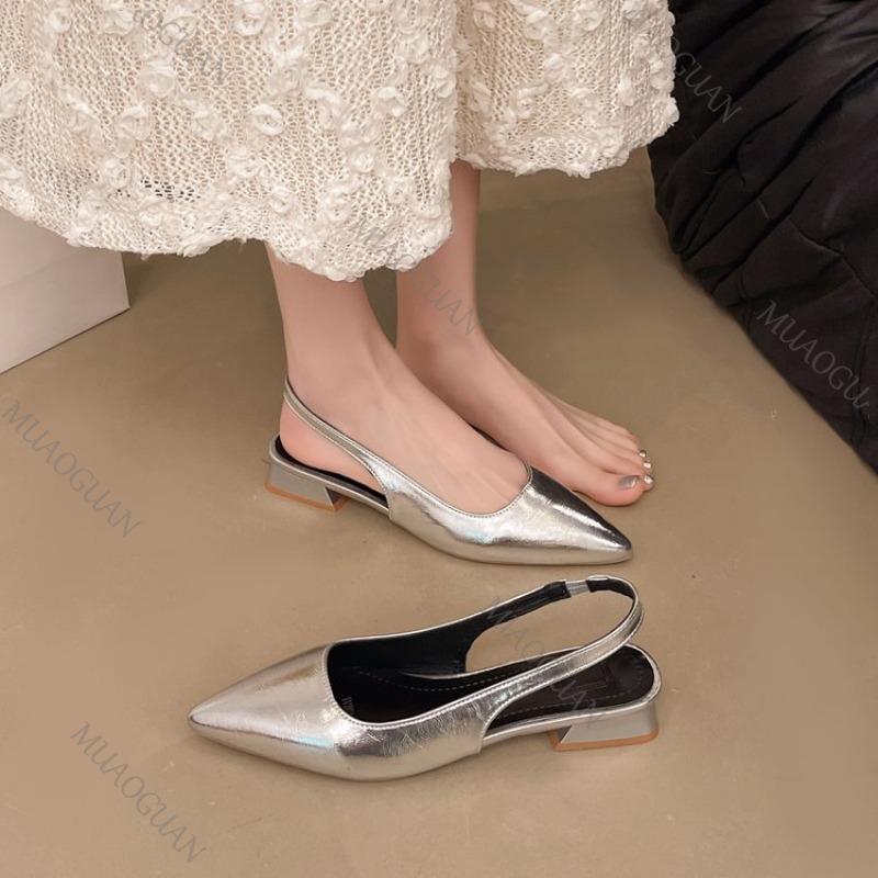 Women's Leather Pointed Toe Slingback Slip-on Low Heeled Sandals Soft Comfortable Casual Female Summer Daily Pumps Footwear Shoe