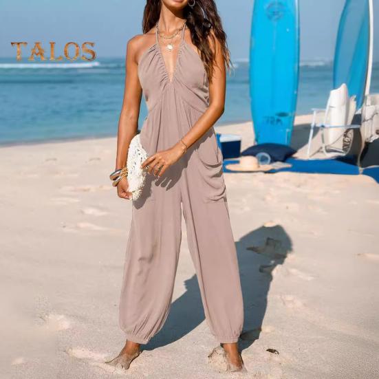Women's Halter Maxi Jumpsuit Pleated Deep V Neck One Piece Jogger Long Pants with Pockets Casual Beach Sleeveless Rompers