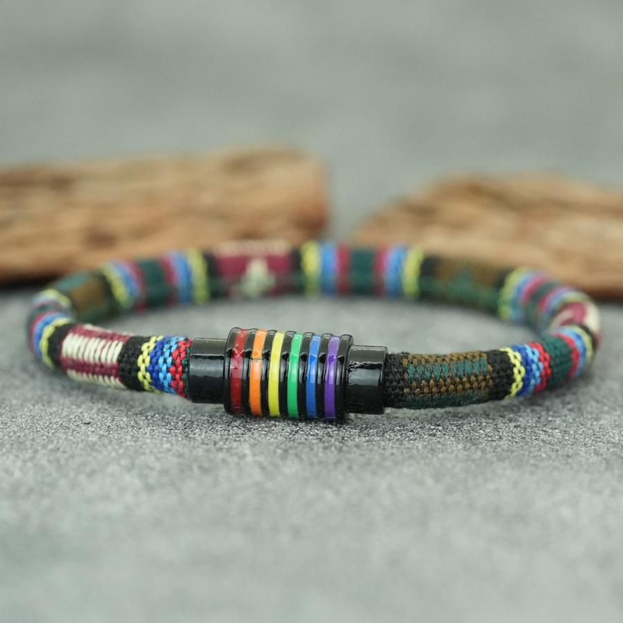 Noter New Bohemian Fabric Rope Bracelet Men Women Rainbow Color Magnet Buckle Bangle Multiple Sizes Meditation Healing Braslet