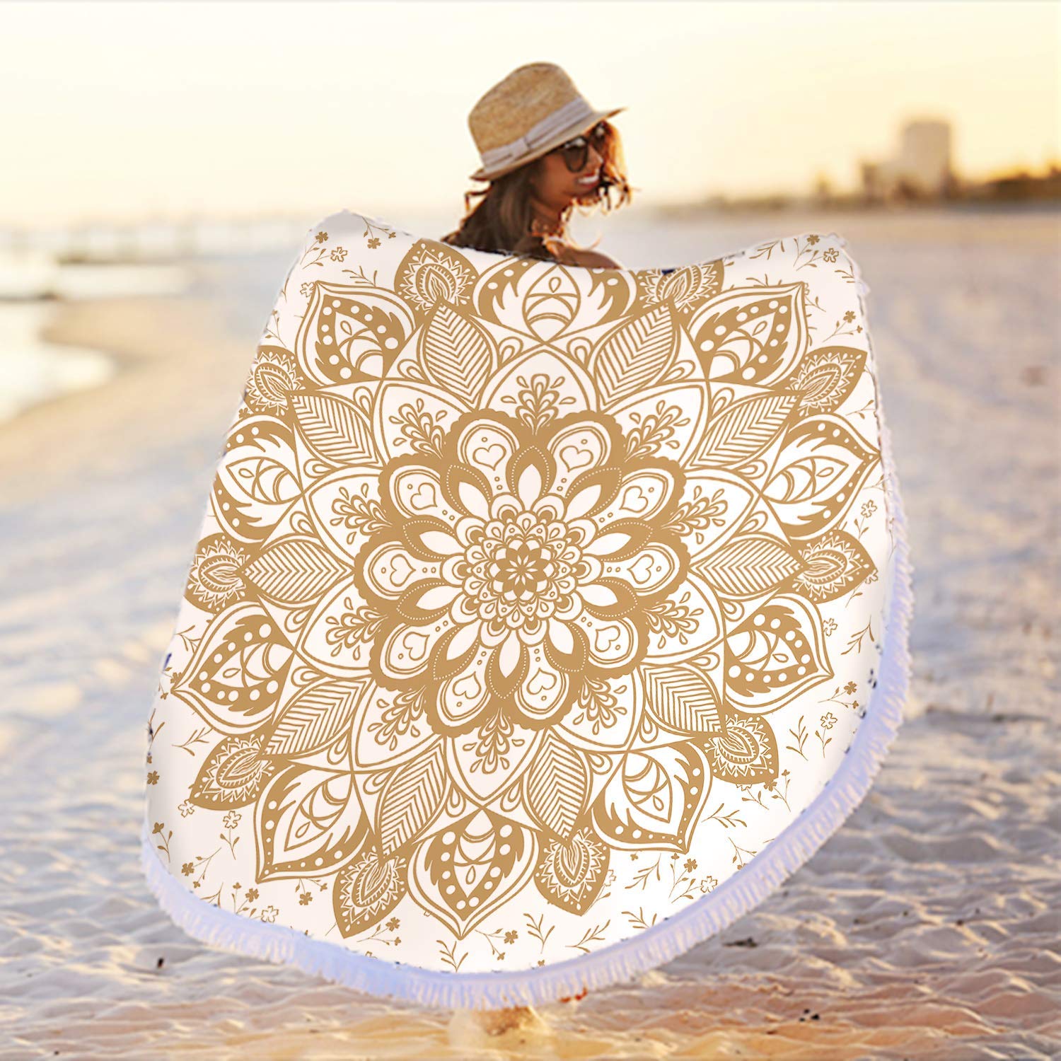 Textilien Gold/Yellow Round Mandala Beach Towel Blanket,Microfiber Soft Sand Free Large Water Absorbent Beach Blanket Swim Pool Towel
