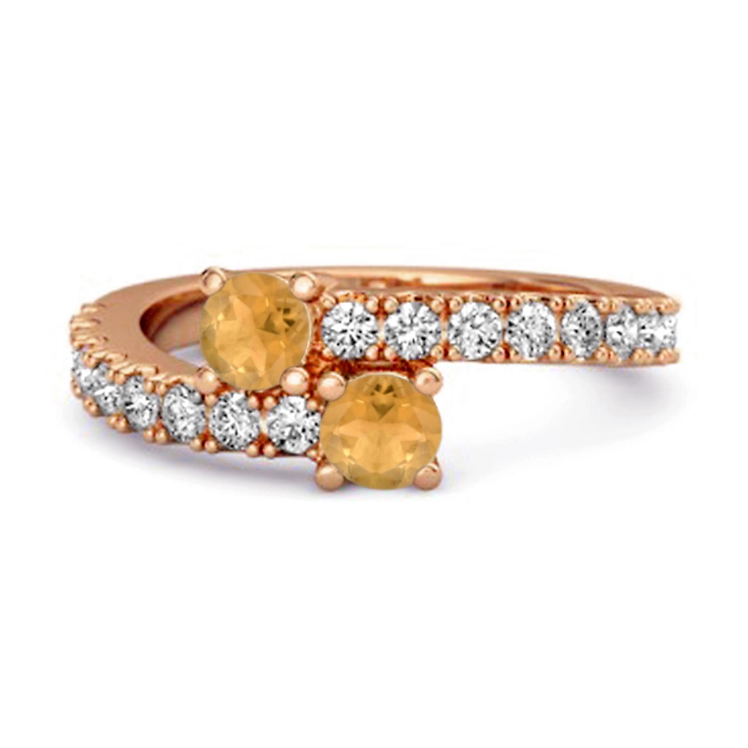 Citrine Double Bypass White Accent Design Ring - 925 Sterling Silver Rose Gold Vermeil 12