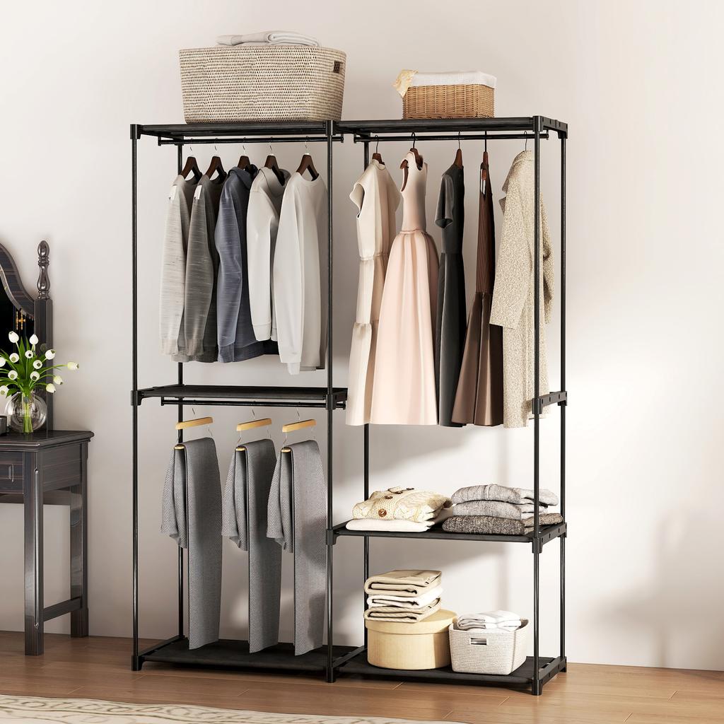 Portable Clothes Rack, Metal Frame, Fabric Shelves, Plenty of Space, Black