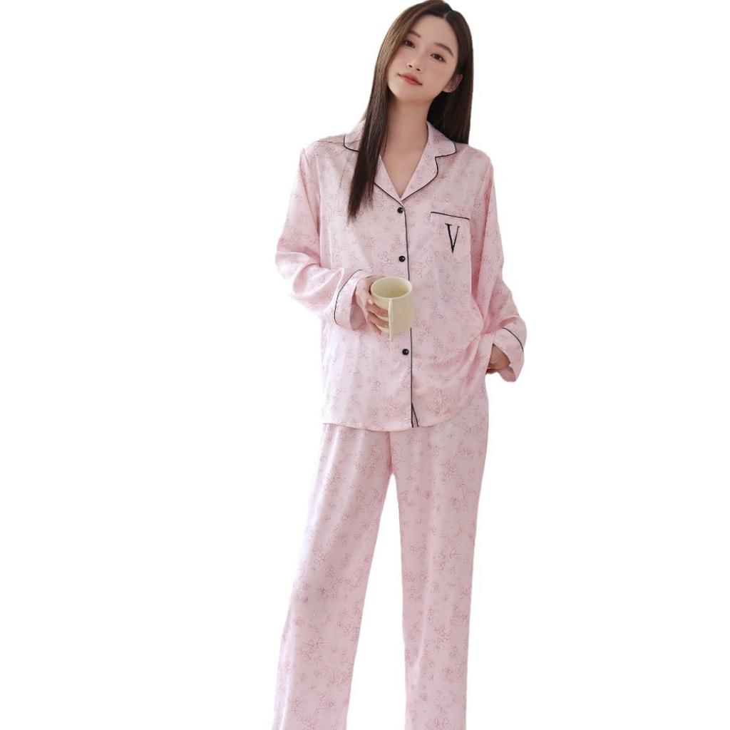 [V World] 1011 New Pajamas Women's Spring and Autumn Lapel Cardigan Long-sleeved Fashion High-end Sweet Loungewear