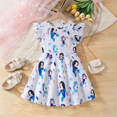Dress For Girls 1-8Y Birthday Korean Style Fashion Adorable Mermaid Print Ruffle Sleeve Dress