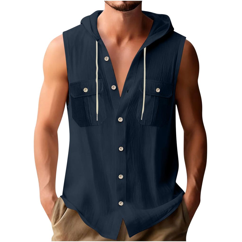 Men's Sports Casual Sleeveless Cotton Linen Hooded Loose Beach T-Shirt