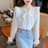 French Bowknot Lace Chiffon Shirt Spring Autumn Women's Shirt Fashion Versatile Ruffle Backing Shirt Top