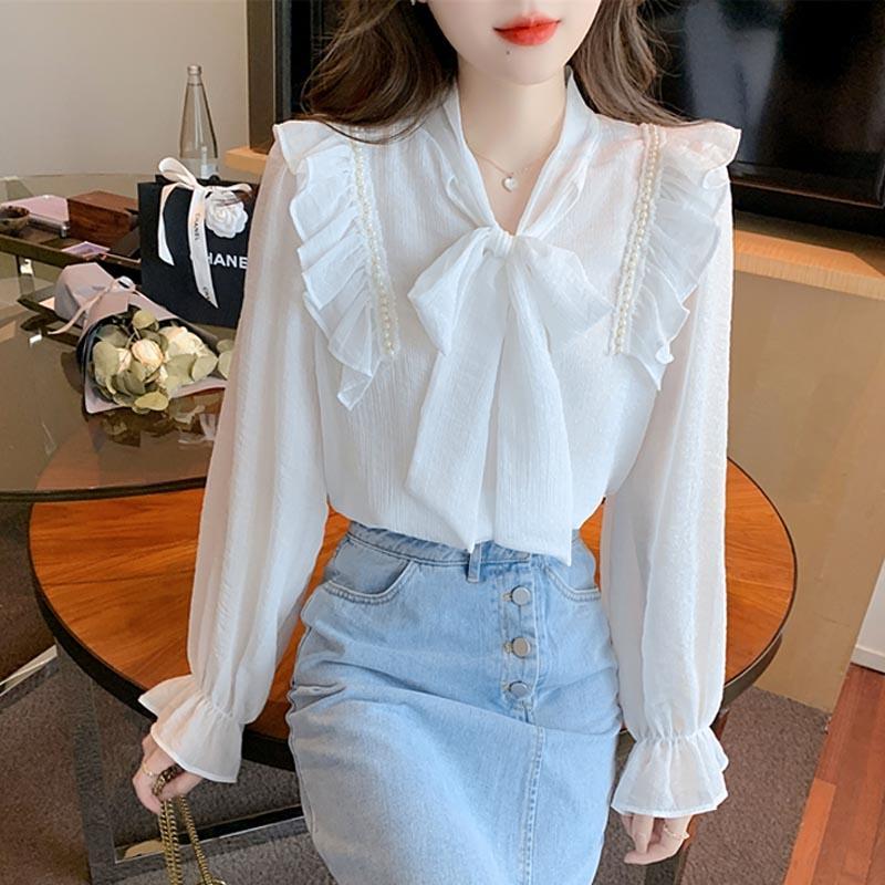 French Bowknot Lace Chiffon Shirt Spring Autumn Women's Shirt Fashion Versatile Ruffle Backing Shirt Top