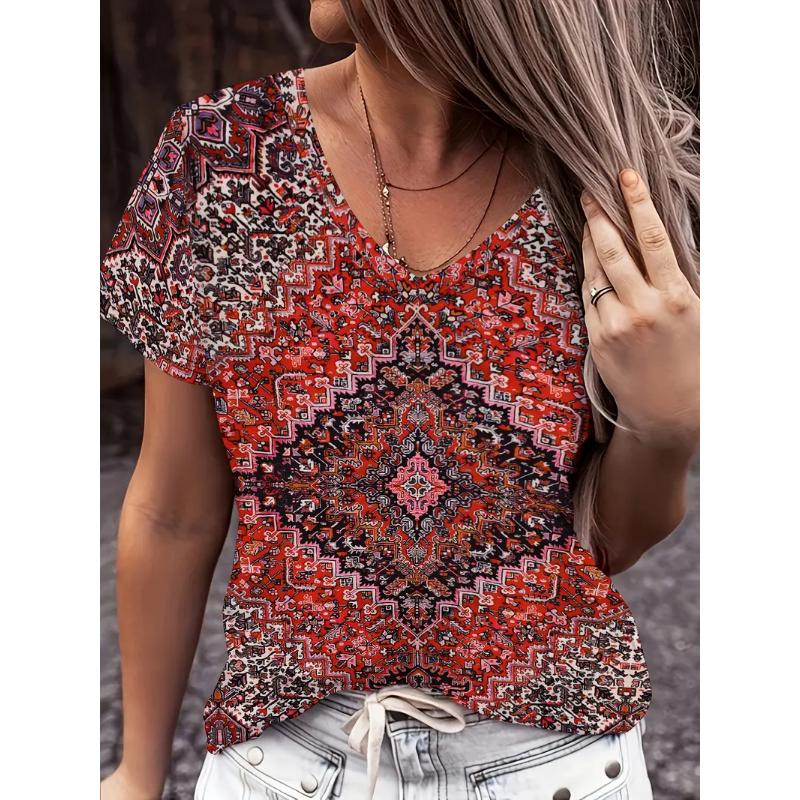 Fashion Women's V-Neck T-Shirt Summer Outdoor Street Trend Short Sleeve Tops Floral Printed Patterns OverSize Loose  Clothing