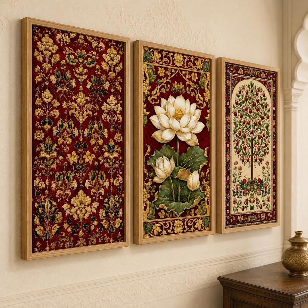 Livin'luxe Set of 3 Vintage Floral Lotus Apple Tree Wall Paintings with Sparkle Laminate, Premium Wooden Synthetic Frame, Botanical Art