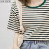 HOUZHOU Stripete T-skjorte Dame Grønn Kortermet Sommer Løs Stor størrelse Korean Chic Casual Topper