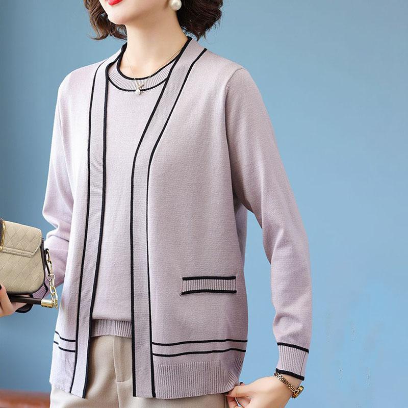 Spring  Autumn Women's Knit Top Two-Piece Set Color-Block Knit Cardigan Knit Short-Sleeve T-Shirt Two-Piece Set