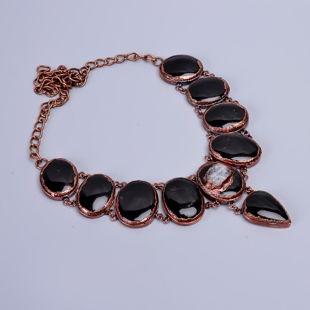 Natural Black Onyx Copper Handcrafted Chain Electroformed Sisters Gift Necklace V-84