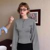 Damen Grau Retro Henley Großärmel Schlankmachendes Oberteil
