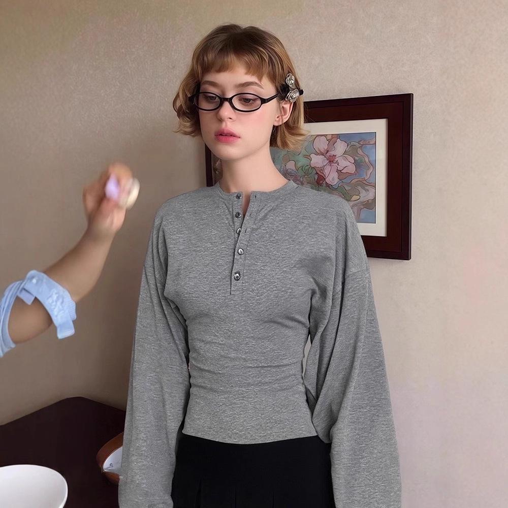 Damen Grau Retro Henley Großärmel Schlankmachendes Oberteil