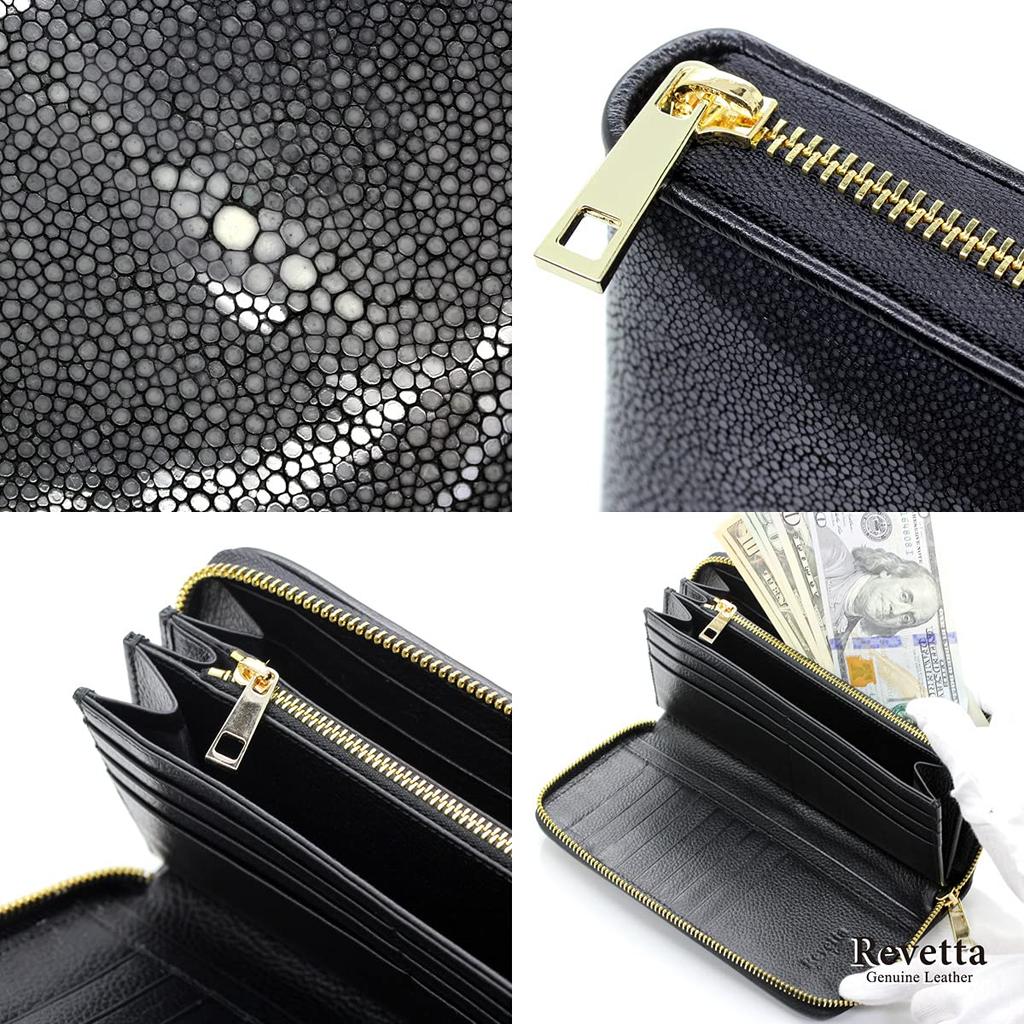 [Revetta] Stingray Leather Long Wallet, Black, Round Zipper, Gold, Galuchat Stingray Leather, Men's Genuine Leather [075-3stw]