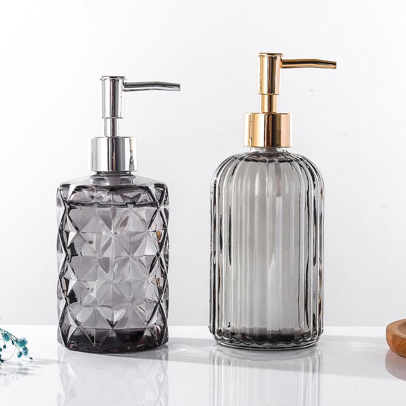 Colored 400ml Glass Hand Soap Bottle – Transparent, Thickened, Press-Type with Vertical Stripes.