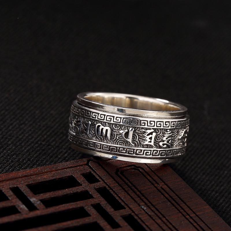 Men's Trendy Pure Silver Handmade Six-Character Mantra Ring - Retro Ethnic Couple Ring for Index Finger